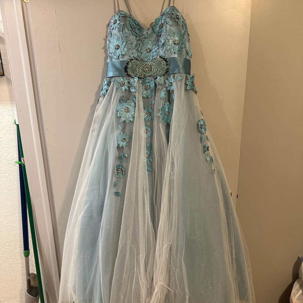Terani Couture light blue ballgrown with floral appliqués
